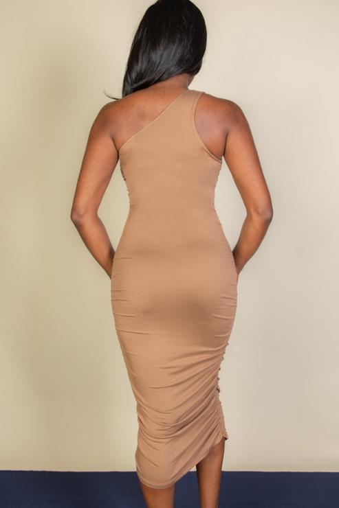 Sexy Solid Color Ruched One Shoulder Midi Bodycon Dress