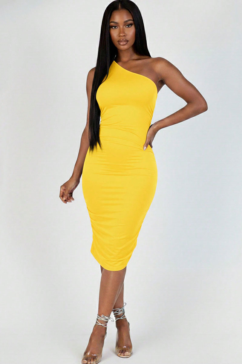 Sexy Solid Color Ruched One Shoulder Midi Bodycon Dress