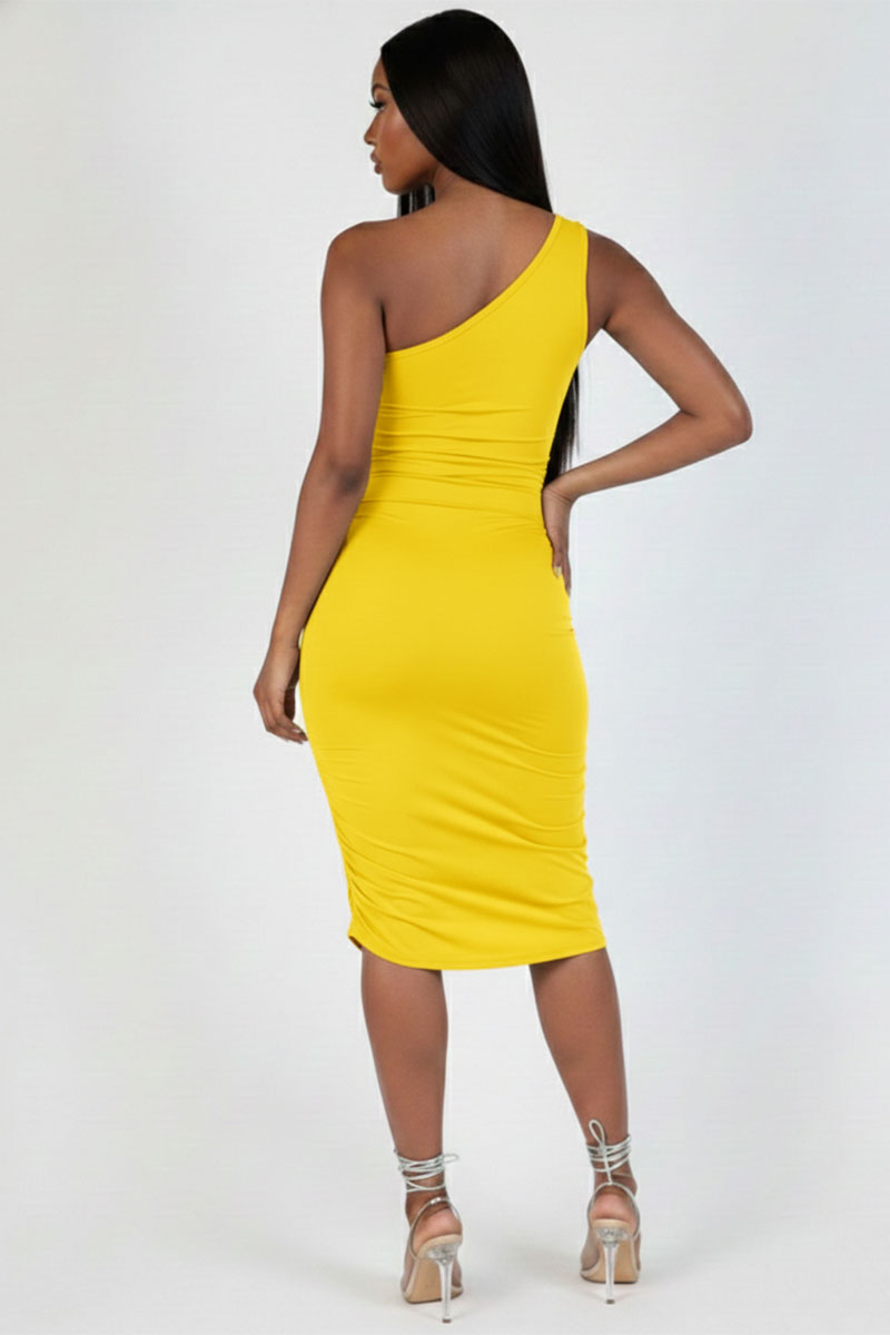 Sexy Solid Color Ruched One Shoulder Midi Bodycon Dress