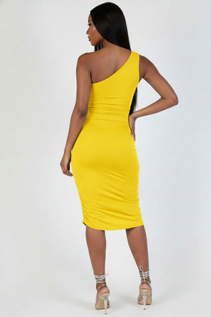 Sexy Solid Color Ruched One Shoulder Midi Bodycon Dress