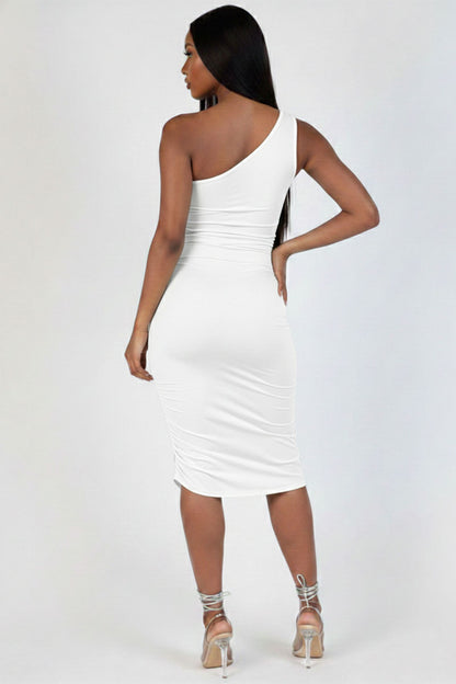 Sexy Solid Color Ruched One Shoulder Midi Bodycon Dress