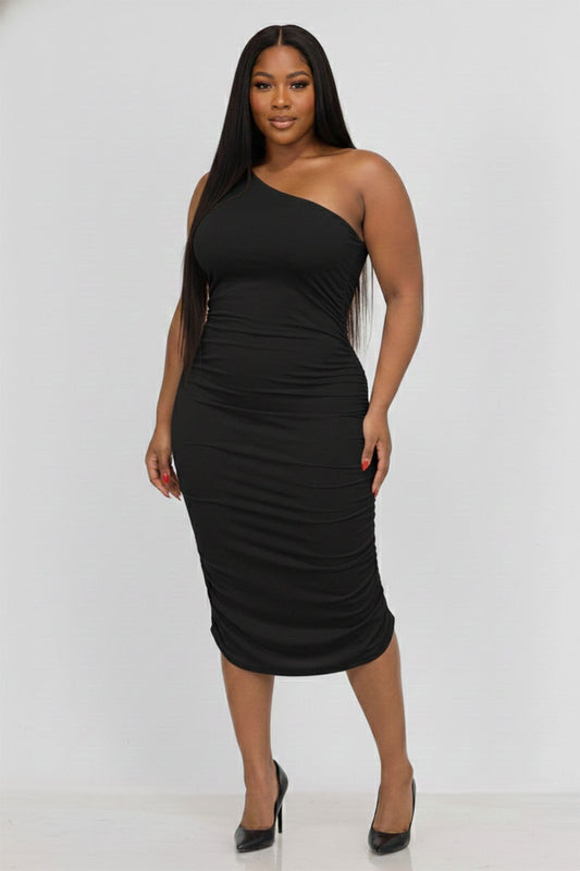 Plus Size Sexy Solid Color Ruched One Shoulder Midi Bodycon Dress