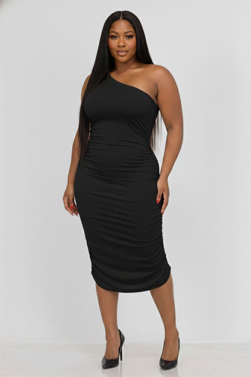 Plus Size Sexy Solid Color Ruched One Shoulder Midi Bodycon Dress – Wholesale Capella Apparel