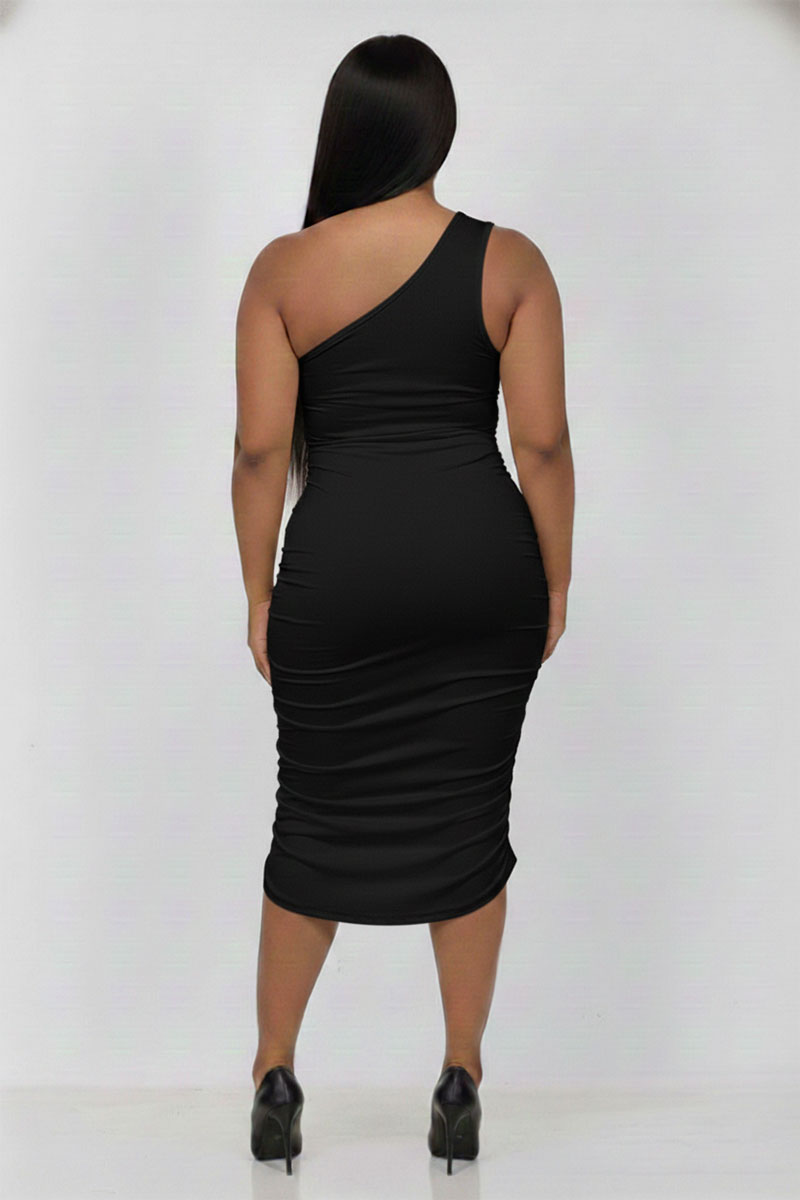 Plus Size Sexy Solid Color Ruched One Shoulder Midi Bodycon Dress – Wholesale Capella Apparel