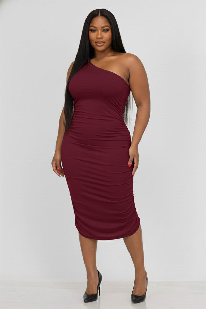 Plus Size Sexy Solid Color Ruched One Shoulder Midi Bodycon Dress   Wholesale Capella Apparel