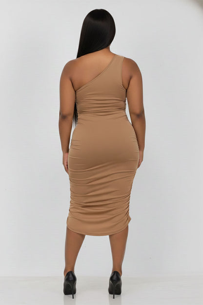 Plus Size Sexy Solid Color Ruched One Shoulder Midi Bodycon Dress