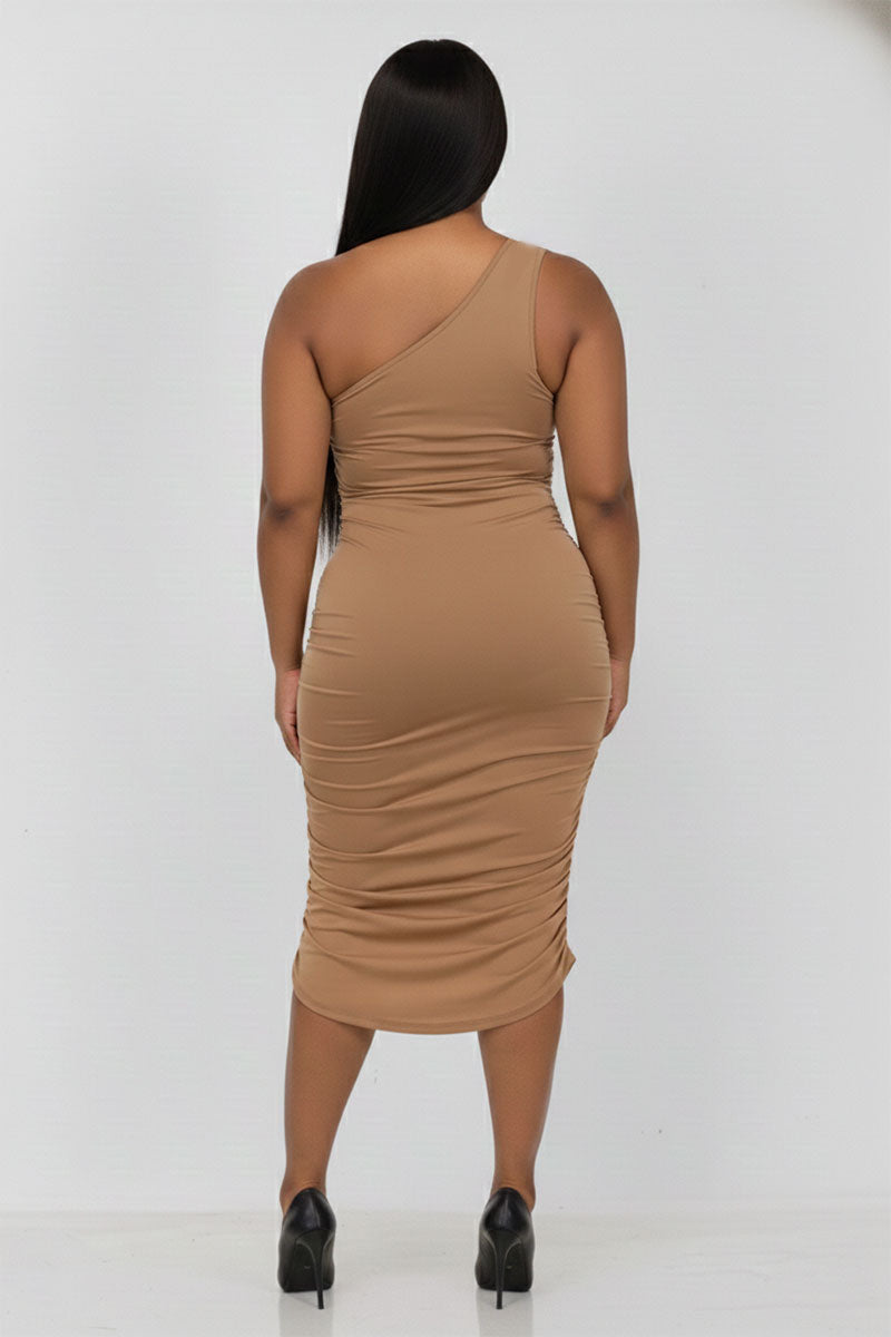Plus Size Sexy Solid Color Ruched One Shoulder Midi Bodycon Dress – Wholesale Capella Apparel