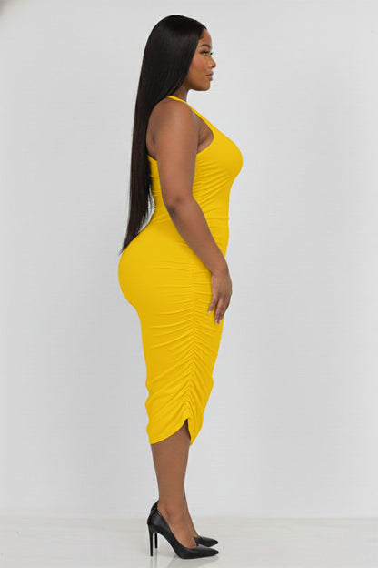 Plus Size Sexy Solid Color Ruched One Shoulder Midi Bodycon Dress