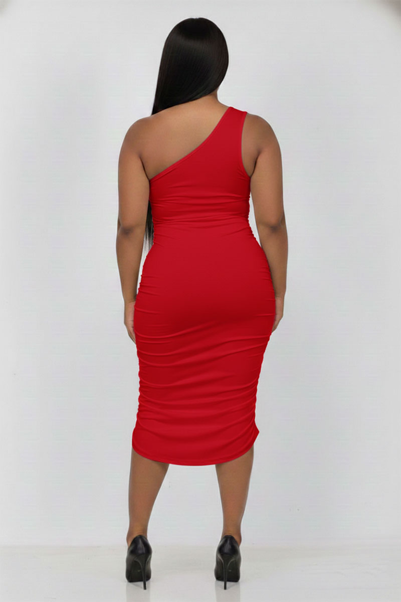 Plus Size Sexy Solid Color Ruched One Shoulder Midi Bodycon Dress