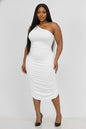 Plus Size Sexy Solid Color Ruched One Shoulder Midi Bodycon Dress