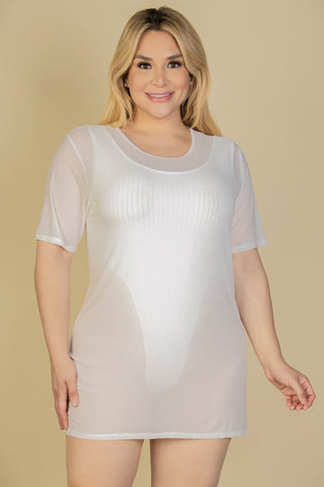 Plus Size Sexy Sheer Mesh T-Shirt Short Sleeve Mini Dress - Capella Apparel