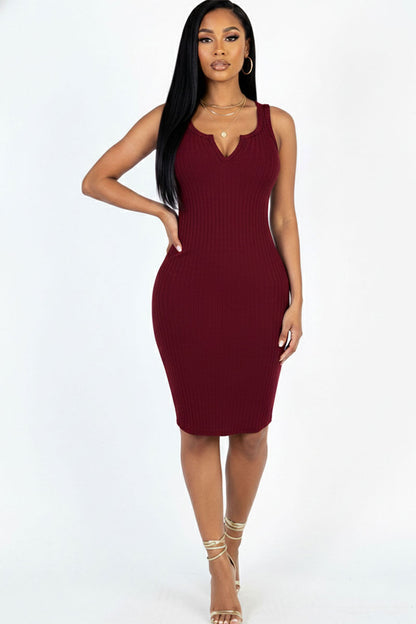 Casual Ribbed Split Neck Bodycon Dress