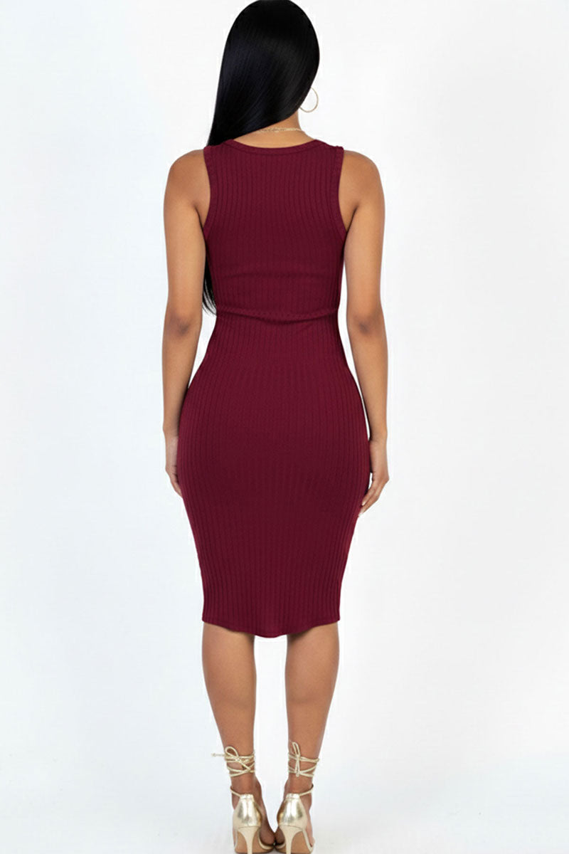 Casual Ribbed Split Neck Bodycon Dress (CAPELLA)