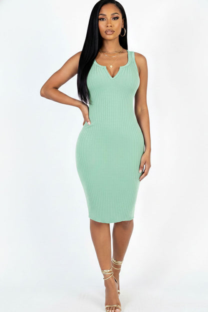 Casual Ribbed Split Neck Bodycon Dress
