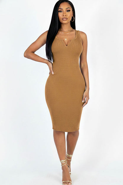 Casual Ribbed Split Neck Bodycon Dress