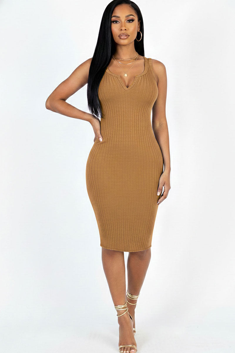 Casual Ribbed Split Neck Bodycon Dress (CAPELLA)