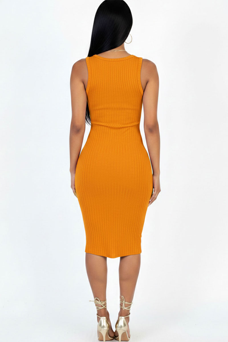 Casual Ribbed Split Neck Bodycon Dress (CAPELLA)