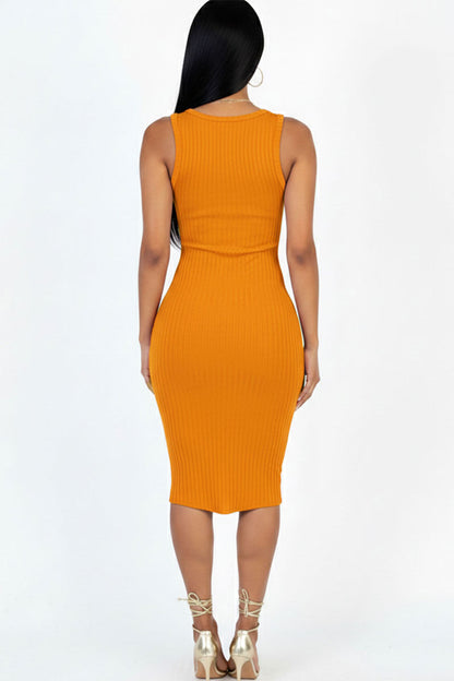 Casual Ribbed Split Neck Bodycon Dress (CAPELLA)