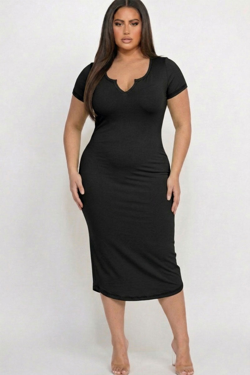 Plus Size Split Neck Bodycon Midi Dress