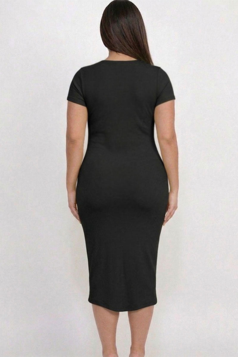 Plus Size Split Neck Bodycon Midi Dress