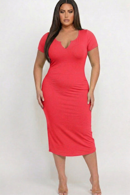 Plus Size Split Neck Bodycon Midi Dress