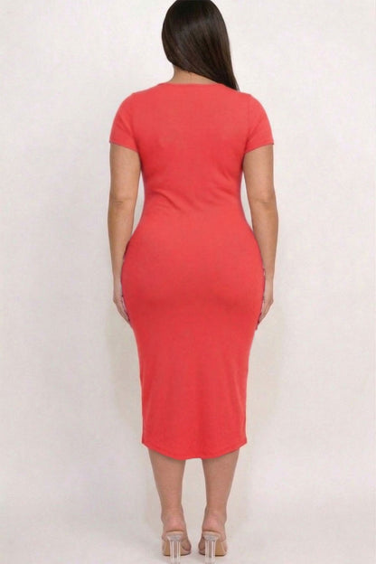 Plus Size Split Neck Bodycon Midi Dress