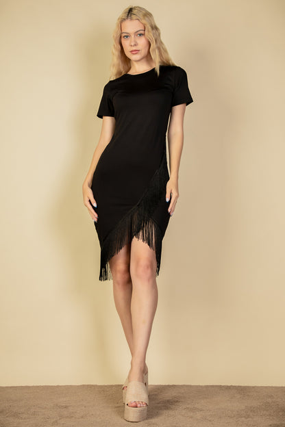 Fringe Hem Short Sleeve Bodycon Midi Pencil Dress - Capella Apparel