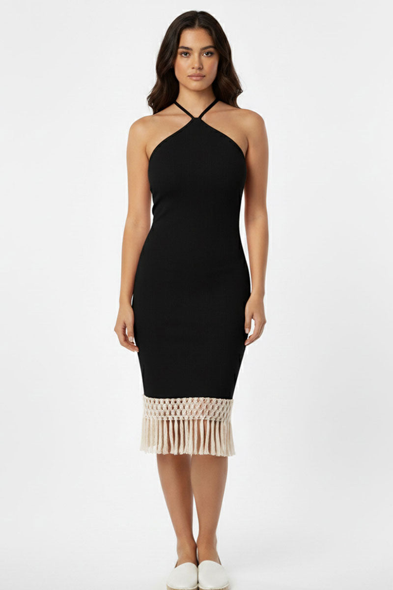 Ribbed Halter Neck Fringe Midi Dress - Black / L Ribbed Halter Neck Fringe Midi Dress - Black / L
