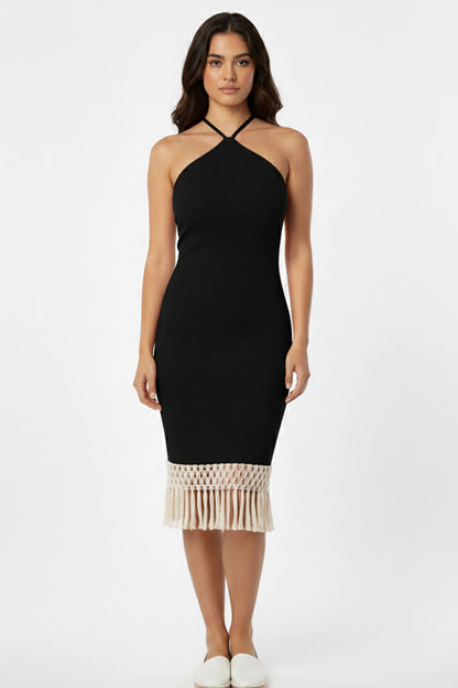 Ribbed Halter Neck Fringe Midi Dress