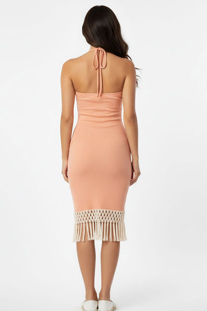Ribbed Halter Neck Fringe Midi Dress