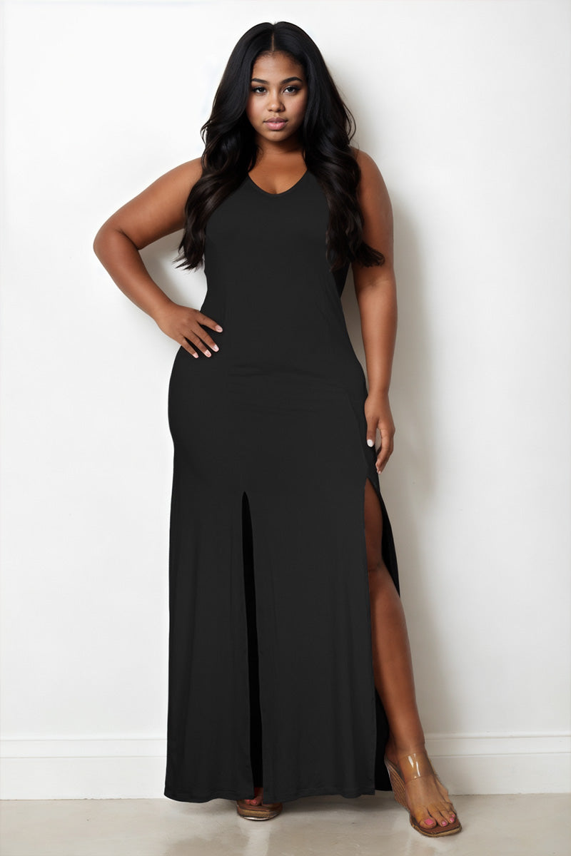Black Dress With Plus Size Split Leg Dress Plus Size Plunge Neck Thigh Split Maxi Dress Wholesale Capella Black Dress With Plus Size Split Leg Dress Plus Size Plunge Neck Thigh Split Maxi Dress Wholesale Capella