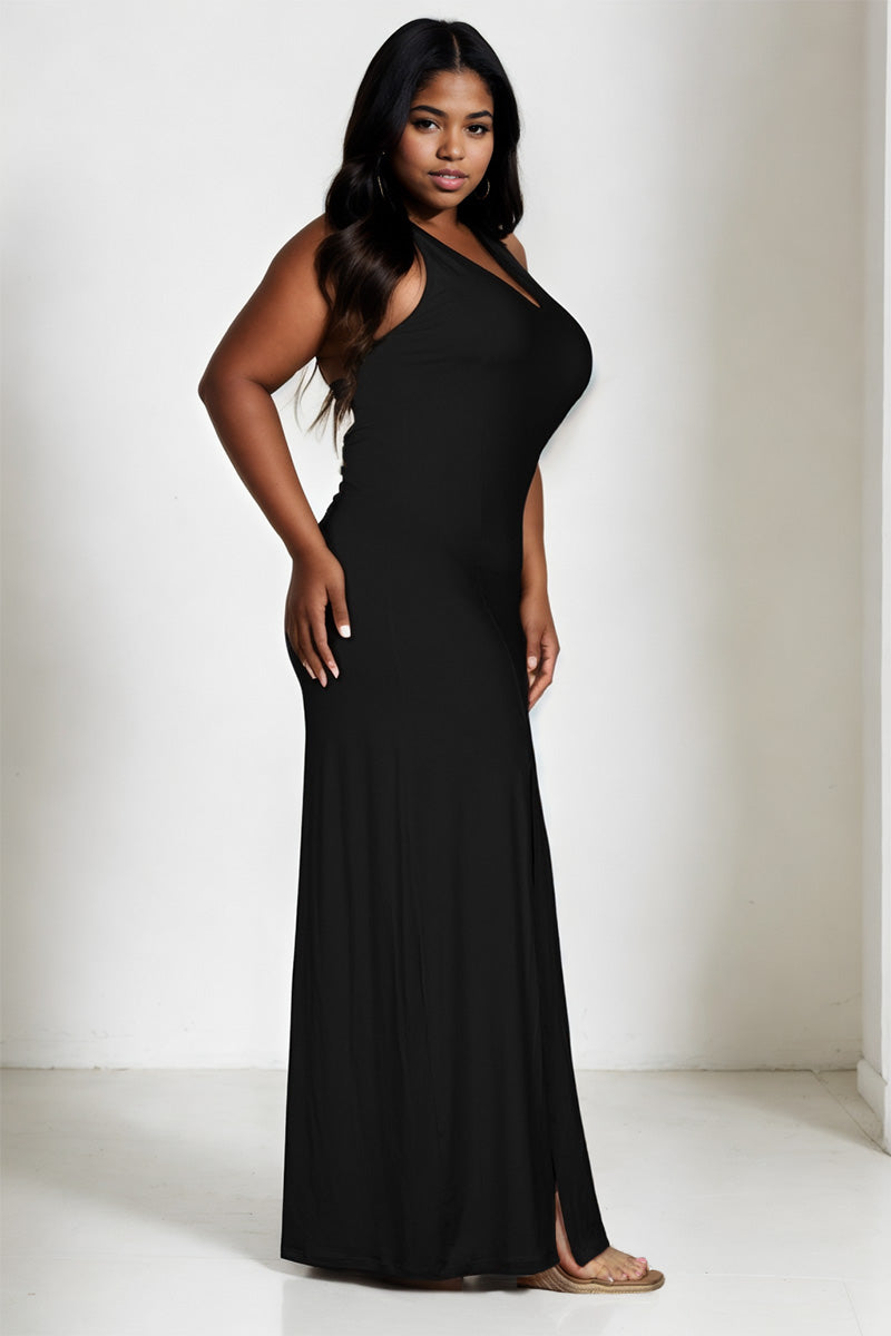 Plus Size Plunge Neck Thigh Split Maxi Dress Wholesale Capella Apparel Plus Size Plunge Neck Thigh Split Maxi Dress Wholesale Capella Apparel