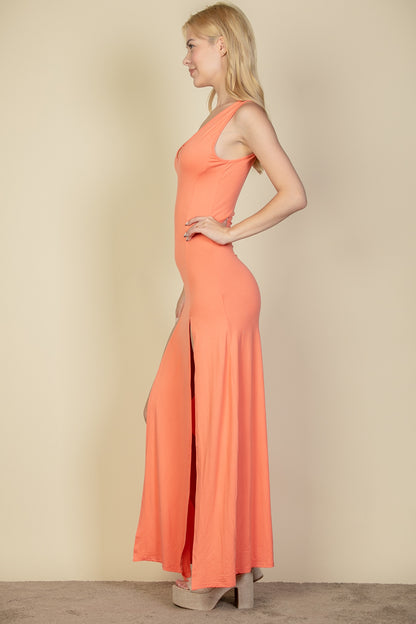 Plunge Neck Thigh Split Maxi Dress - Capella Apparel