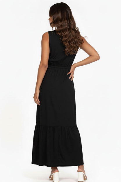 Button Front Tie Waist Sleeveless Maxi Dress