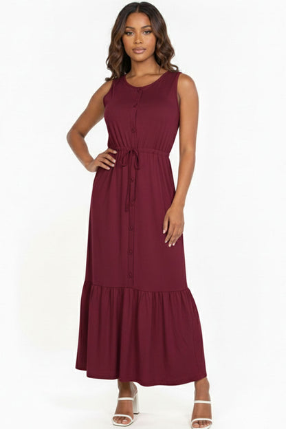 Button Front Tie Waist Sleeveless Maxi Dress