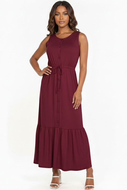 Button Front Tie Waist Sleeveless Maxi Dress