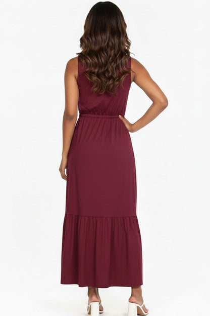 Button Front Tie Waist Sleeveless Maxi Dress