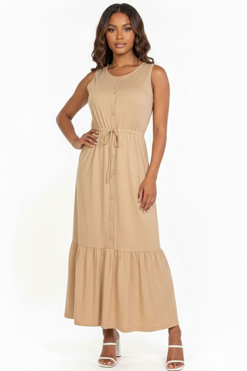 Button Front Tie Waist Sleeveless Maxi Dress