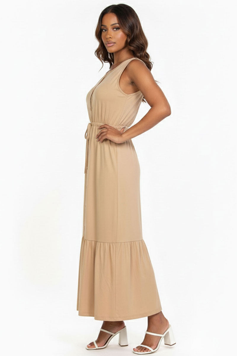 Button Front Tie Waist Sleeveless Maxi Dress