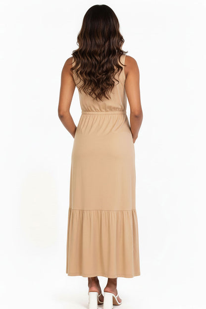 Button Front Tie Waist Sleeveless Maxi Dress