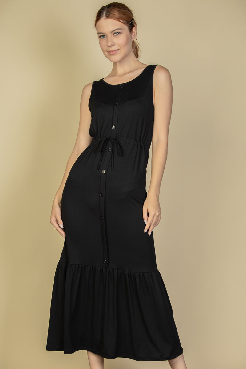 Button Front Tie Waist Sleeveless Maxi Dress - Capella Apparel