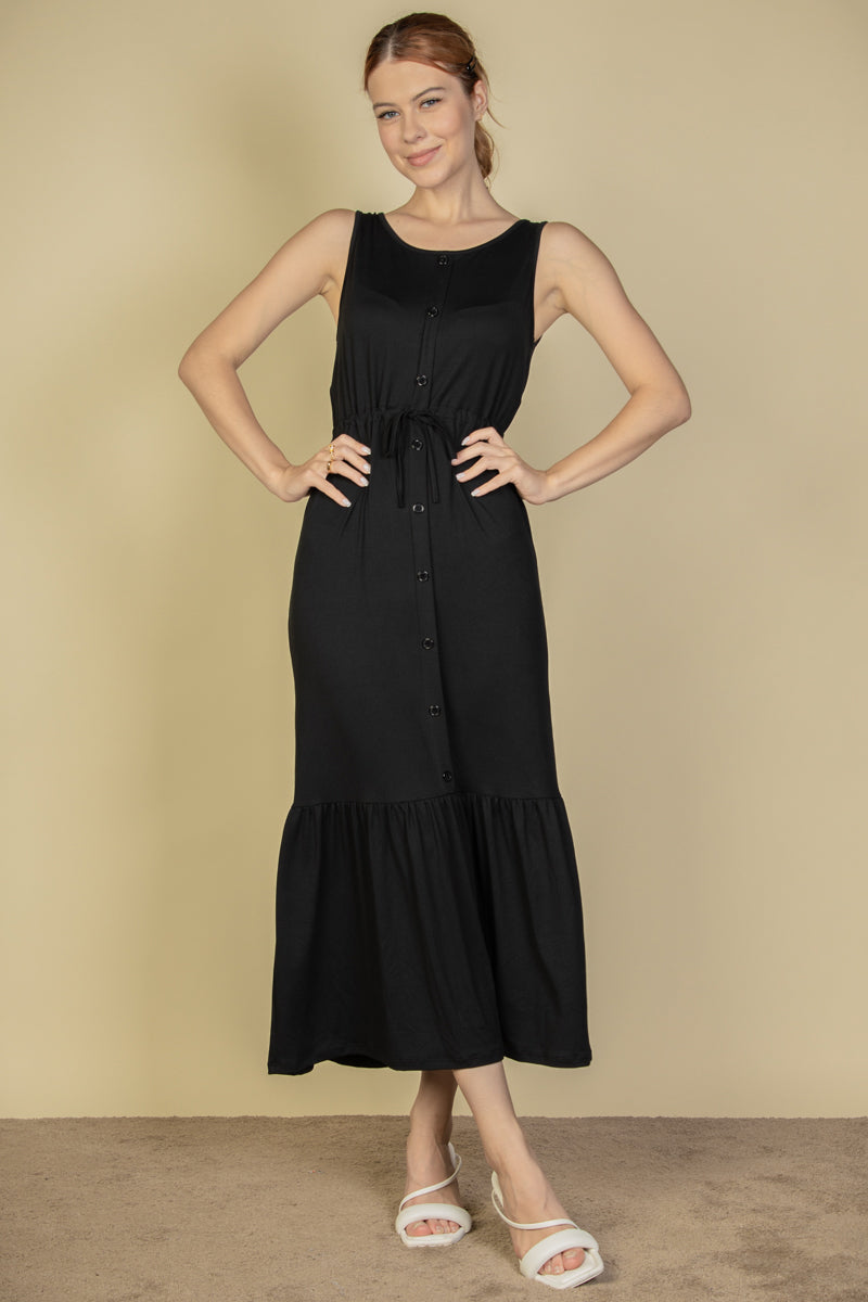 Button Front Tie Waist Sleeveless Maxi Dress - Capella Apparel