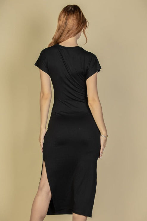 Tie Front Short Sleeve Side Slit Dress - Capella Apparel