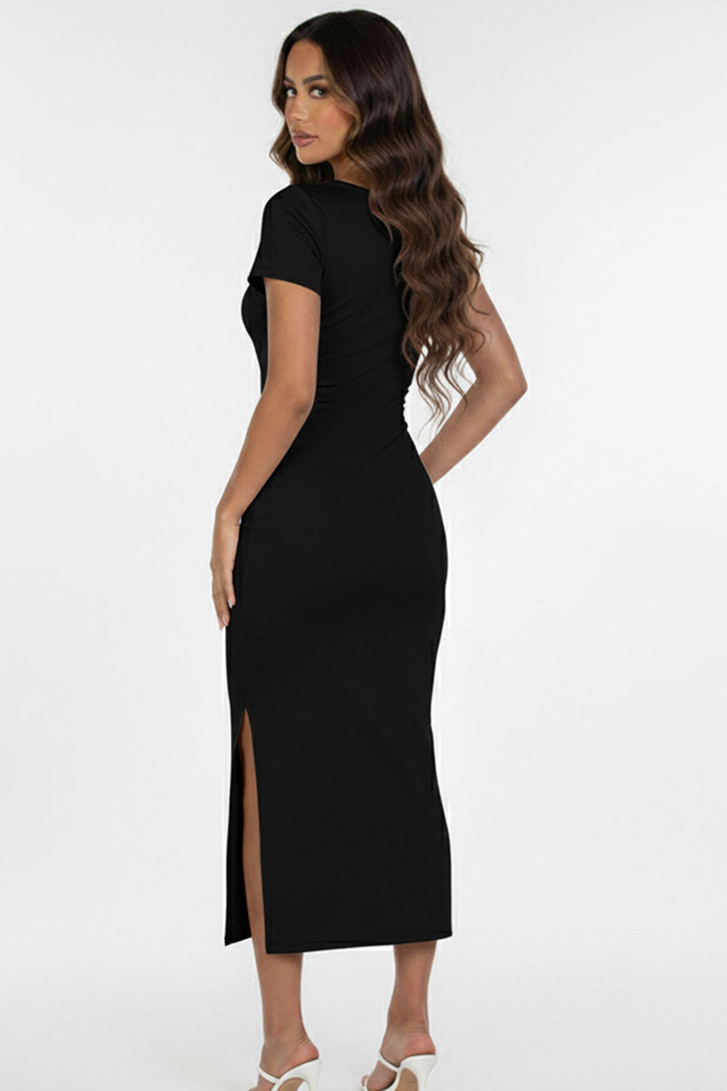 Tie Front Short Sleeve Side Slit Dress