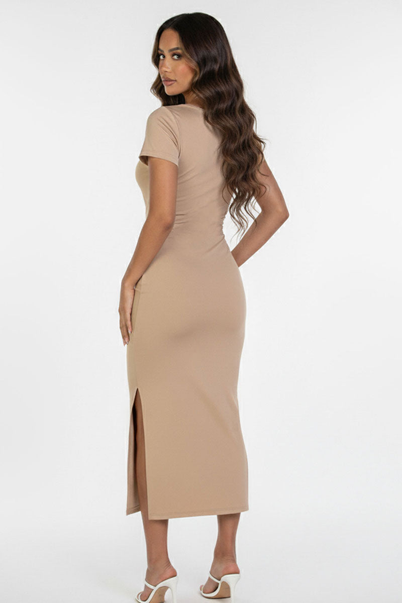 Tie Front Short Sleeve Side Slit Dress