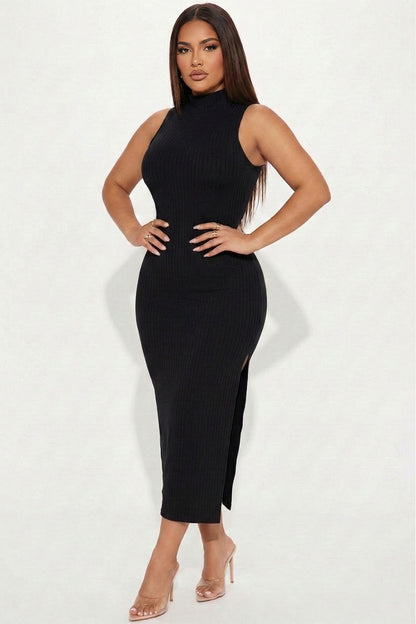 Ribbed Mock Neck Side Slit Sleeveless Bodycon Maxi Dress
