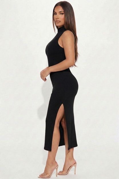 Ribbed Mock Neck Side Slit Sleeveless Bodycon Maxi Dress