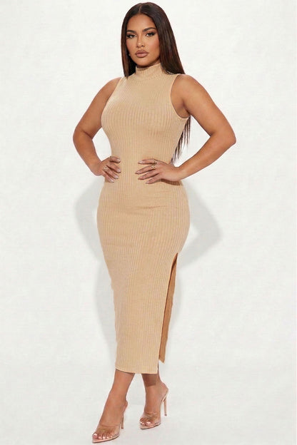 Ribbed Mock Neck Side Slit Sleeveless Bodycon Maxi Dress