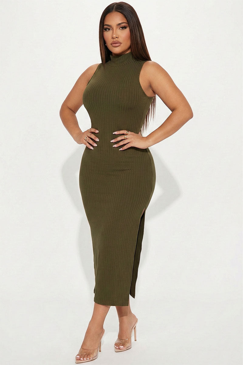 Ribbed Mock Neck Side Slit Sleeveless Bodycon Maxi Dress