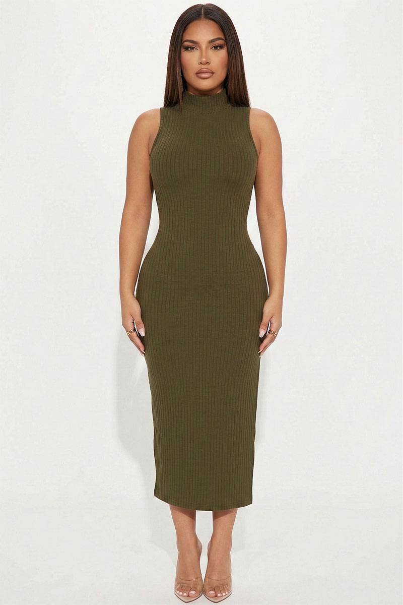 Ribbed Mock Neck Side Slit Sleeveless Bodycon Maxi Dress